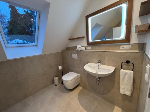 a bathroom with a toilet and a sink and a mirror at Kiefer in Nortrup