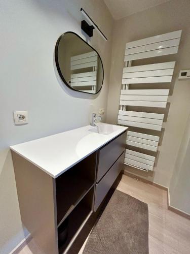 a bathroom with a sink and a mirror at 't Reigergoed in Ichtegem