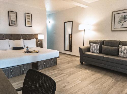 a hotel room with a bed and a couch at Trade Winds Hotel Antigua in Dickenson Bay