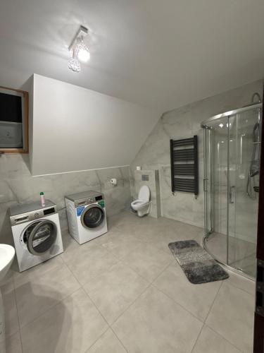a bathroom with two washing machines and a toilet at Między Wzgórzami Korbielów in Korbielów
