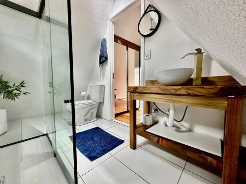 a bathroom with a sink and a glass shower at Chalé da Árvore in Urubici