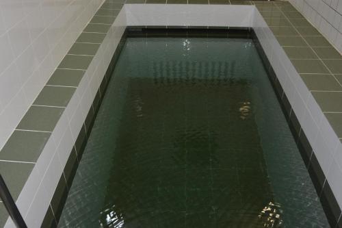 a swimming pool in a building with green tiles at Severniy Hotel in Ukhta