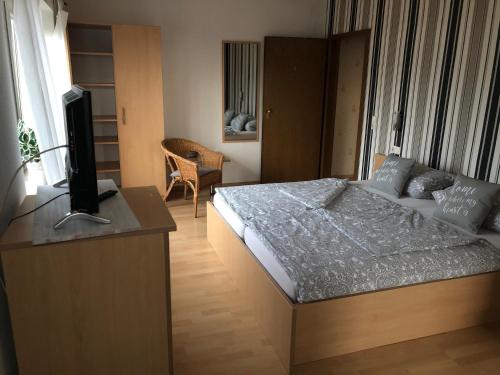 a bedroom with a bed and a tv in it at Gästehaus Falkenstein in Niedenstein
