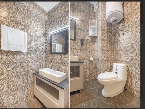 two pictures of a bathroom with a toilet and a sink at Hotel Seven Hill Star in Srinagar