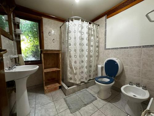 a bathroom with a toilet and a sink and a shower at Sentidos cardinales casa B Encanto in Perito Moreno