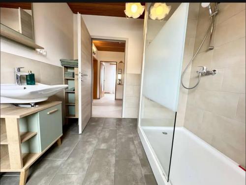 a bathroom with a sink and a shower at YOLKI HAUS moderne Apartments, nahe Wölfersheimer See in Wölfersheim