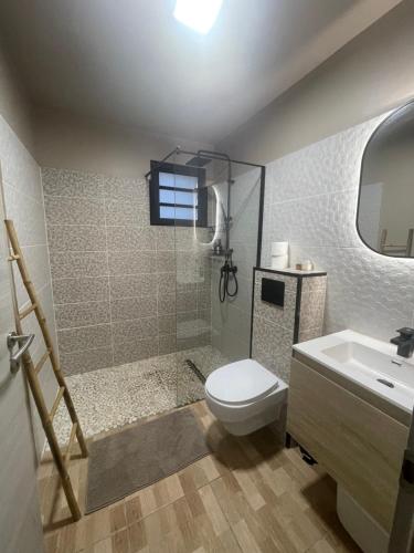 a bathroom with a toilet and a sink at Estrella, véritable havre de paix climatisé avec spa in Sainte-Marie