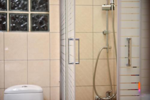 a bathroom with a shower and a toilet in it at LuxRoom in Patra