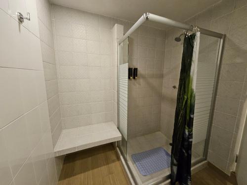 a bathroom with a shower with a glass door at Habitación privada Depa B in Jardines de la Hacienda