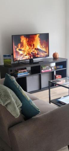 a living room with a couch and a flat screen tv at Sarah's Woodland Golf Stays in Waterloo