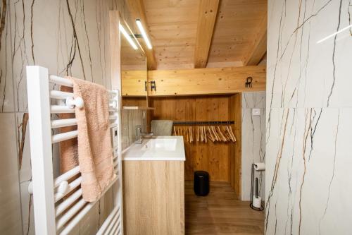a bathroom with a sink and wooden walls at La Rose des neiges à Châtel in Châtel
