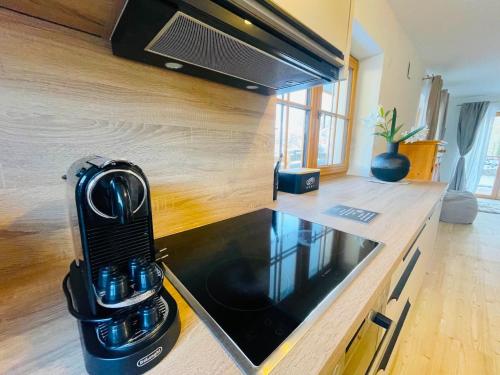 a black blender sitting on a counter in a kitchen at Ferienwohnung 'Breitenstein' am Schliersee in Schliersee