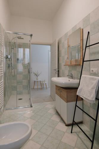 a bathroom with a shower and a sink and a toilet at Affittacamere La Violica in Villacidro