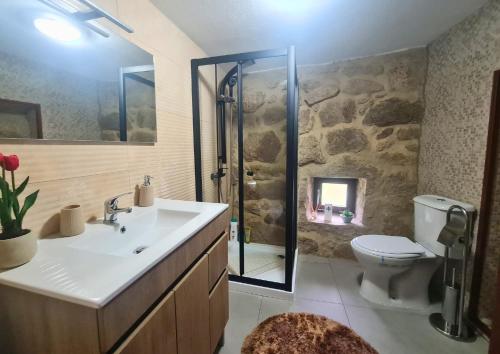 a bathroom with a shower and a sink and a toilet at O Palheiro in Caramulo
