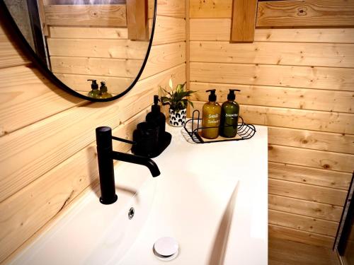 a bathroom with a sink and a mirror at Chalet O Refúgio 1 in Penhas da Saúde