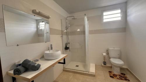 a bathroom with a sink and a toilet and a shower at Vista - Route des plages - Destination Guyane in Rémire-Camp