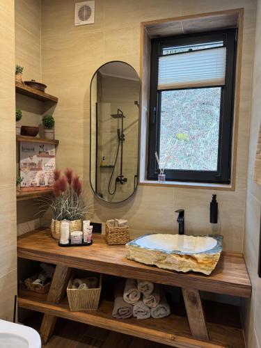 a bathroom with a sink and a mirror at Trava Bungalow in Korostov