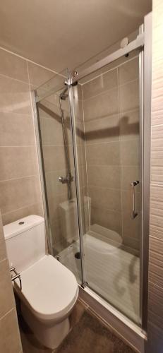 a bathroom with a toilet and a glass shower at Santa Rosa del Mar, Departamento in Coquimbo