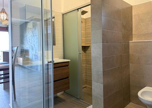a bathroom with a glass shower and a toilet at Arabela 2 Apartments in Utjeha