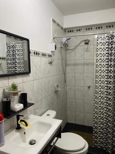 a bathroom with a shower and a toilet and a sink at Minidepartamento en Huaral in Huaral