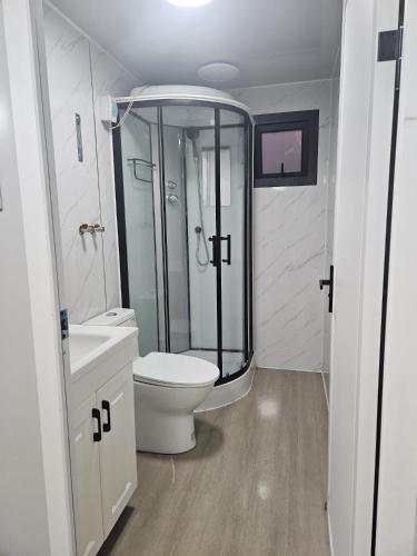 a bathroom with a shower and a toilet and a sink at Mainumbi 1 in Balneario Solís