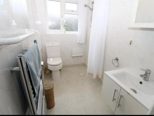 a white bathroom with a toilet and a sink at Joni Bungalow-2-Bedroom HOME in Slades Green