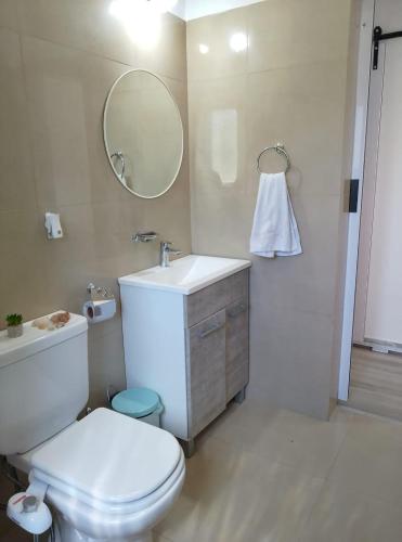 a bathroom with a toilet and a sink and a mirror at Mountain View & Comfort in Villa Santa Cruz del Lago