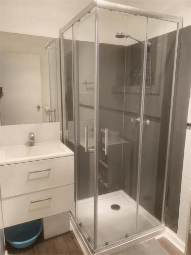 a shower with a glass door next to a sink at Easy Self Check-in accomodation in Springvale