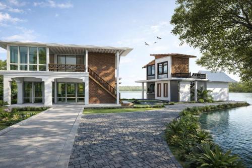 a rendering of a house on the water at บ้านลืมเมืองอยุธยา in Ban Sao Thong