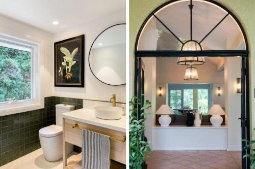 two pictures of a bathroom with a sink and a mirror at Kevalier Park Berry in Berry