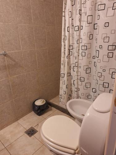 a bathroom with a toilet and a shower curtain at La Popelina in Valle Hermoso