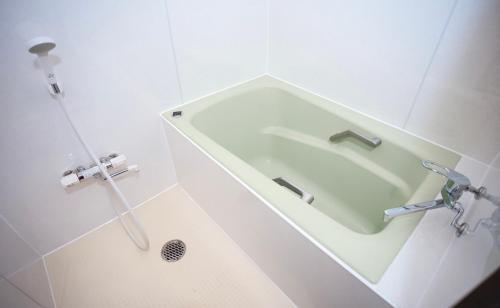 a bathroom with a green sink in a shower at Shinka Hotel Susukino in Sapporo