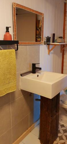 a bathroom with a white sink and a mirror at Cabaña Chango in Coquimbo
