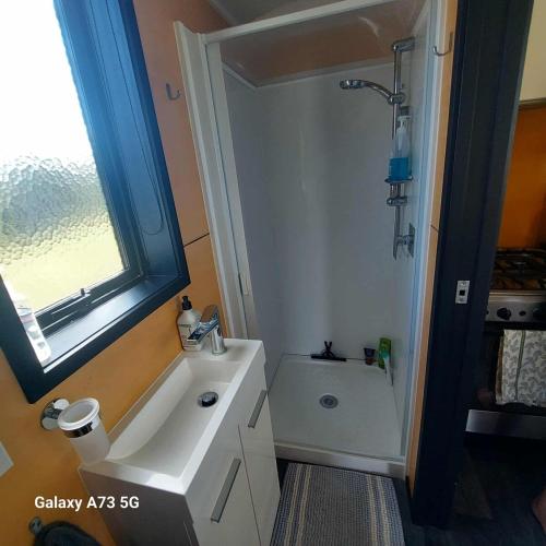 a bathroom with a white sink and a shower at Gorgeous private tiny home in  Waipukurau