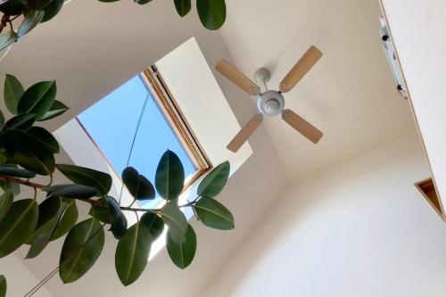 a ceiling fan in a room with a window at Sapporoの実家 B&B Yoshida in Sapporo