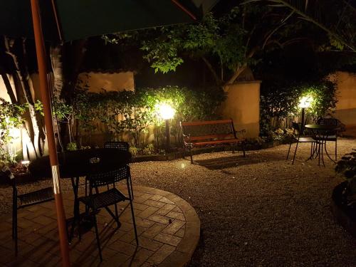 a bench in a garden at night with lights at Il Mattino Ha L'Oro In Bocca in Pisa