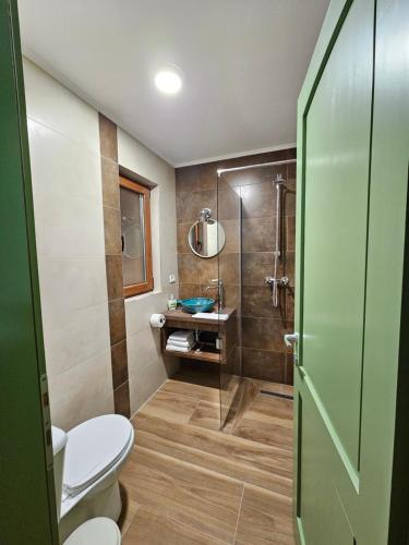 a bathroom with a toilet and a glass shower at Casa din fagi in Munună