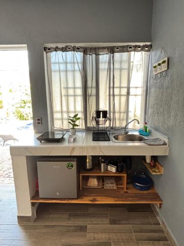a kitchen counter with a sink and a window at Tequisquiapan Encantó in San Nicolás