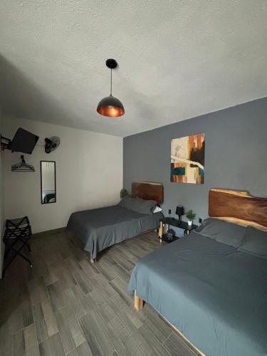 a bedroom with two beds and a ceiling at Tequisquiapan Encantó in San Nicolás