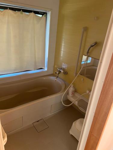 a bathroom with a tub and a toilet and a sink at ゲストハウス山音 in Takayama
