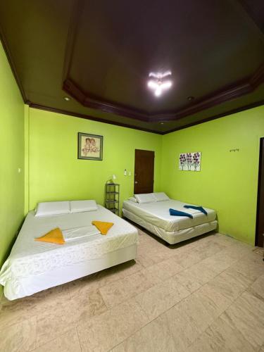 two beds in a room with green walls at Sascha's Resort Oslob in Oslob