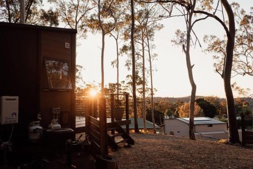 a cabin with the sun shining through the trees at Tiny Tamborine 2 by Tiny Away in Wongawallan