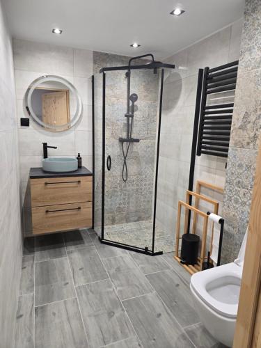 a bathroom with a shower and a sink at Domek na Niedźwiedziarce in Zawoja
