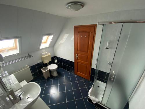 a bathroom with a toilet and a shower and a sink at Juhász Fogadó in Fonyód