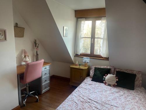 a bedroom with a bed and a desk and a chair at Aux cieux enchanteurs maison magique et spa in Hondschoote