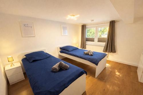 a bedroom with two beds with blue sheets and a window at Apartment-schiefe- Marie in Oberlungwitz