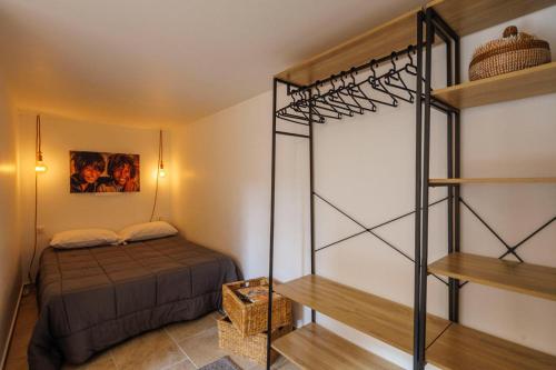 ein Schlafzimmer mit einem Bett und einem Bücherregal in der Unterkunft Le Nid in Avignon
