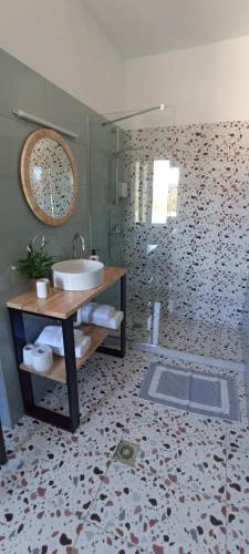 a bathroom with a sink and a shower at Chrysoula's Guests in Ioannina