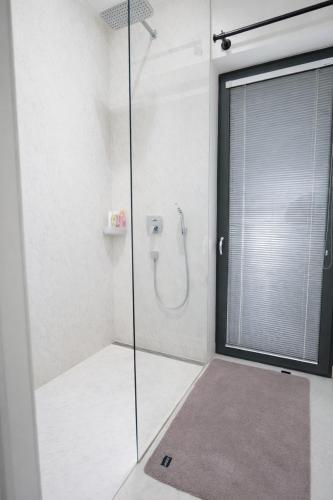 a bathroom with a shower with a glass door at Chalet Rufux in Dolná Lehota