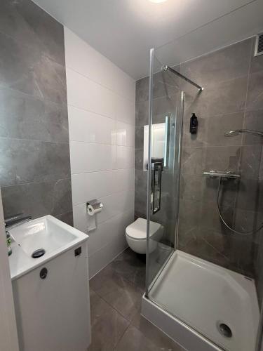 a bathroom with a shower and a toilet and a sink at Apartament Centrum nr 8 in Radom